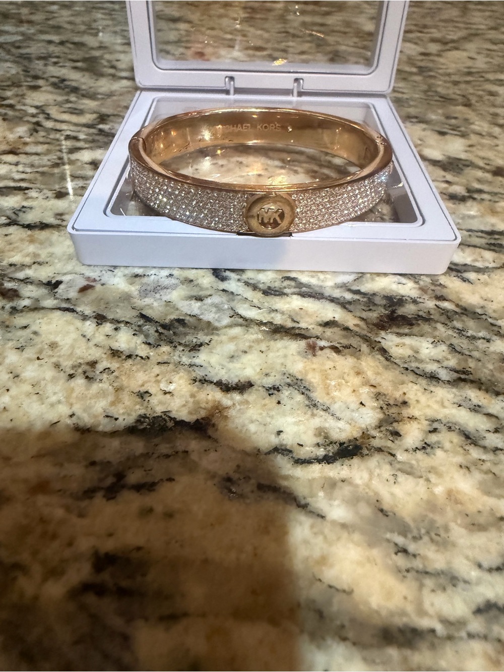 Michael Kors Rose Gold Pavé Logo Hinge Bangle with rhinestones Bracelet - Picture 1 of 8